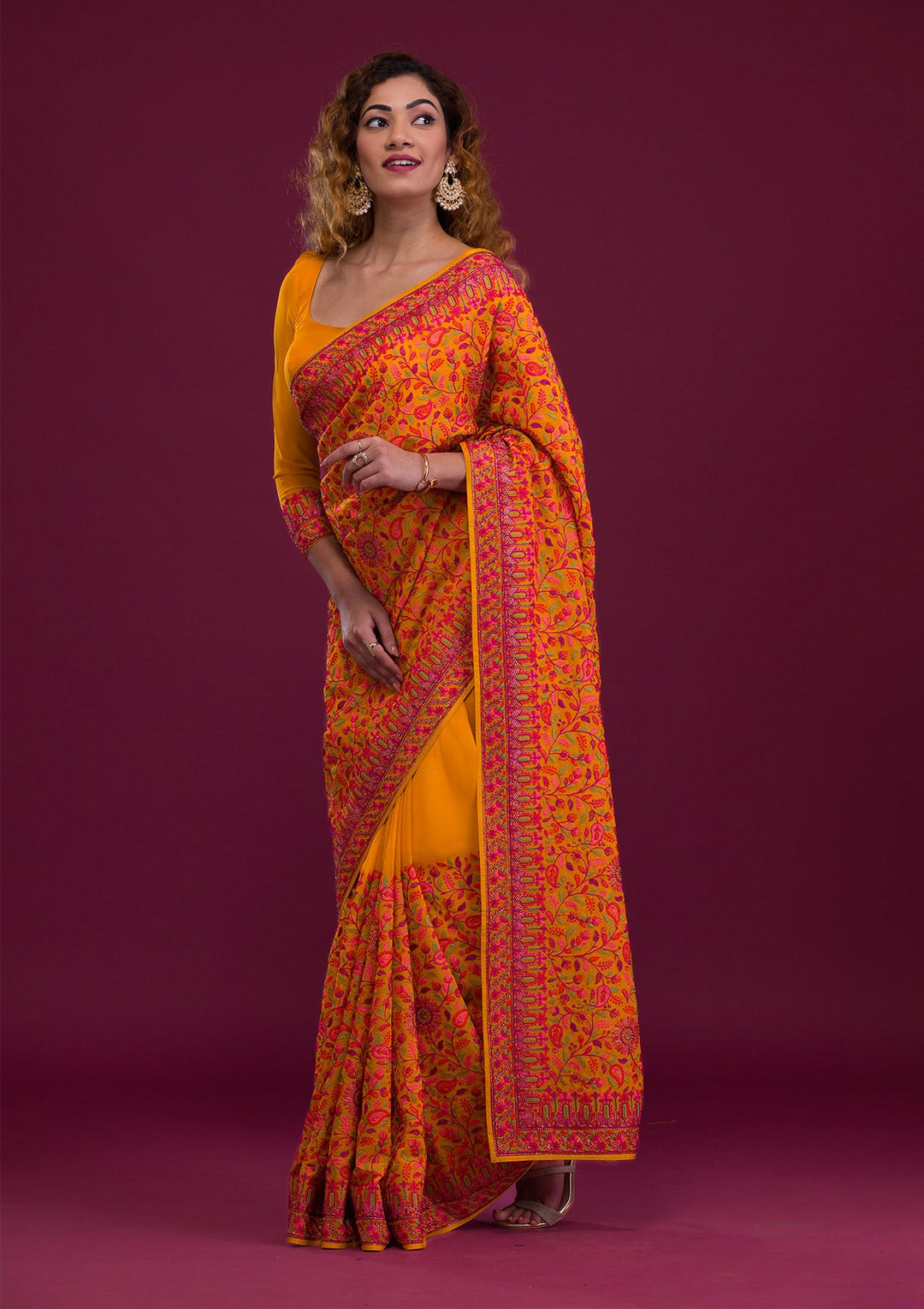 Mustard Threadwork Georgette Saree-Koskii