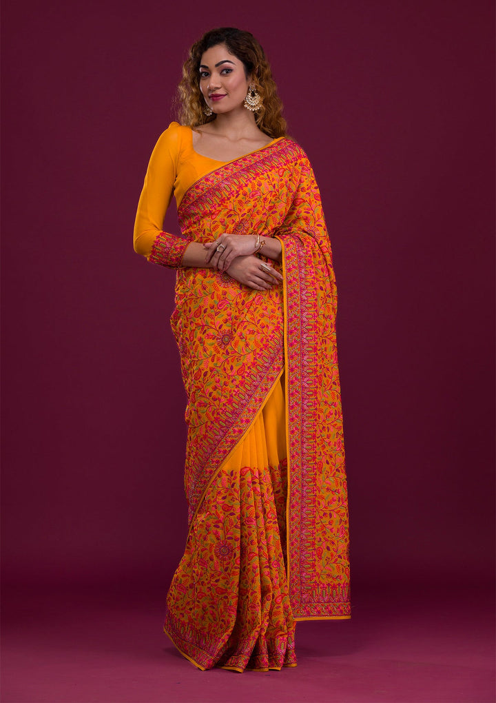 Mustard Threadwork Georgette Saree-Koskii