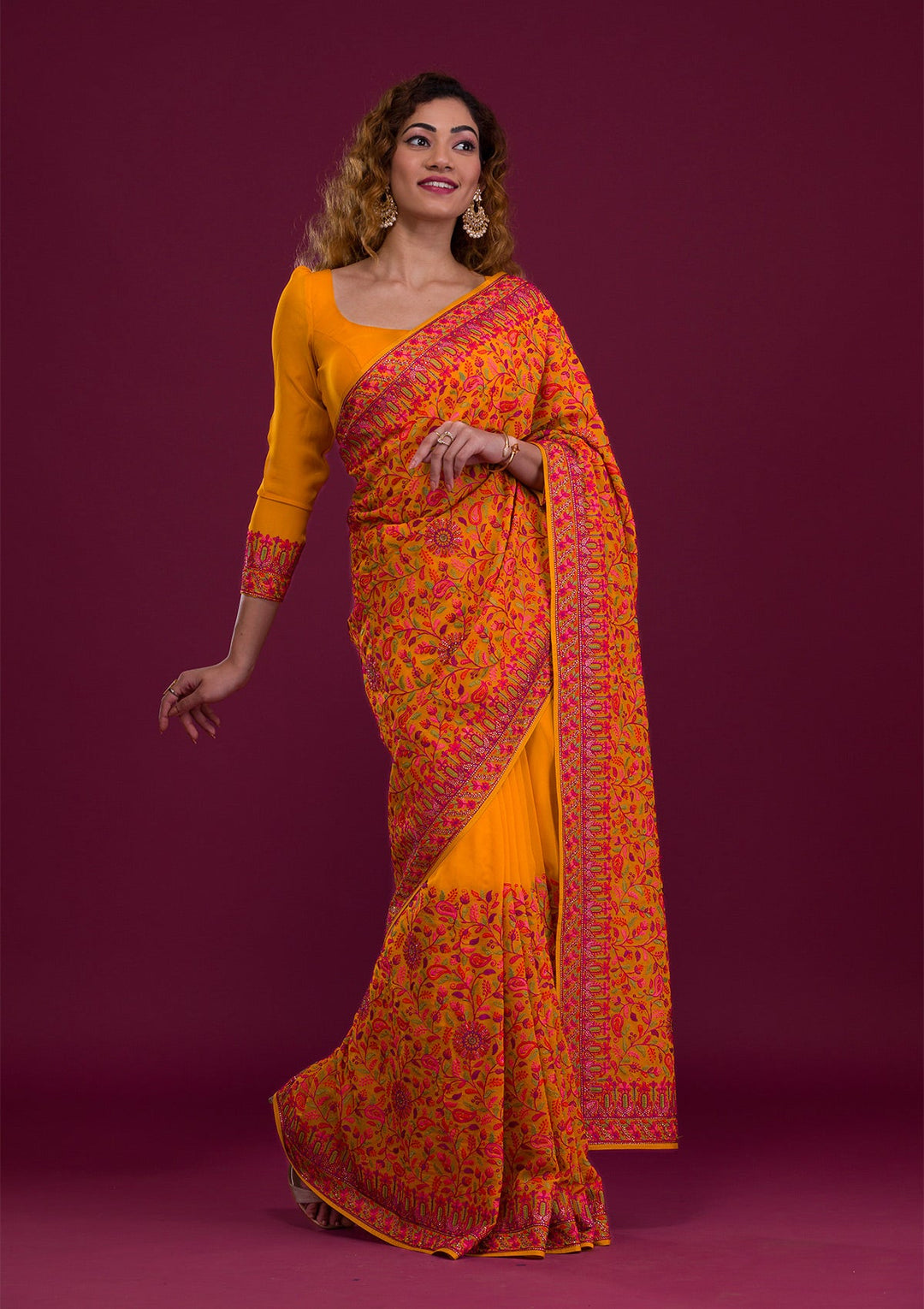 Mustard Threadwork Georgette Saree-Koskii
