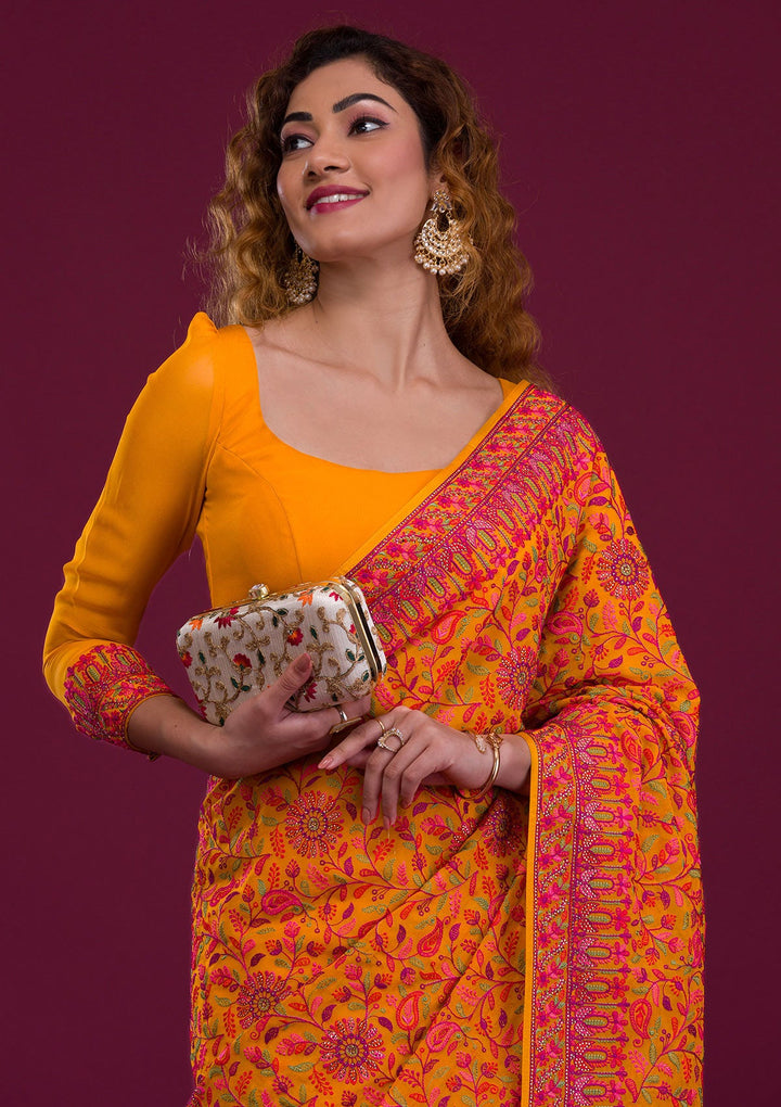 Mustard Threadwork Georgette Saree-Koskii