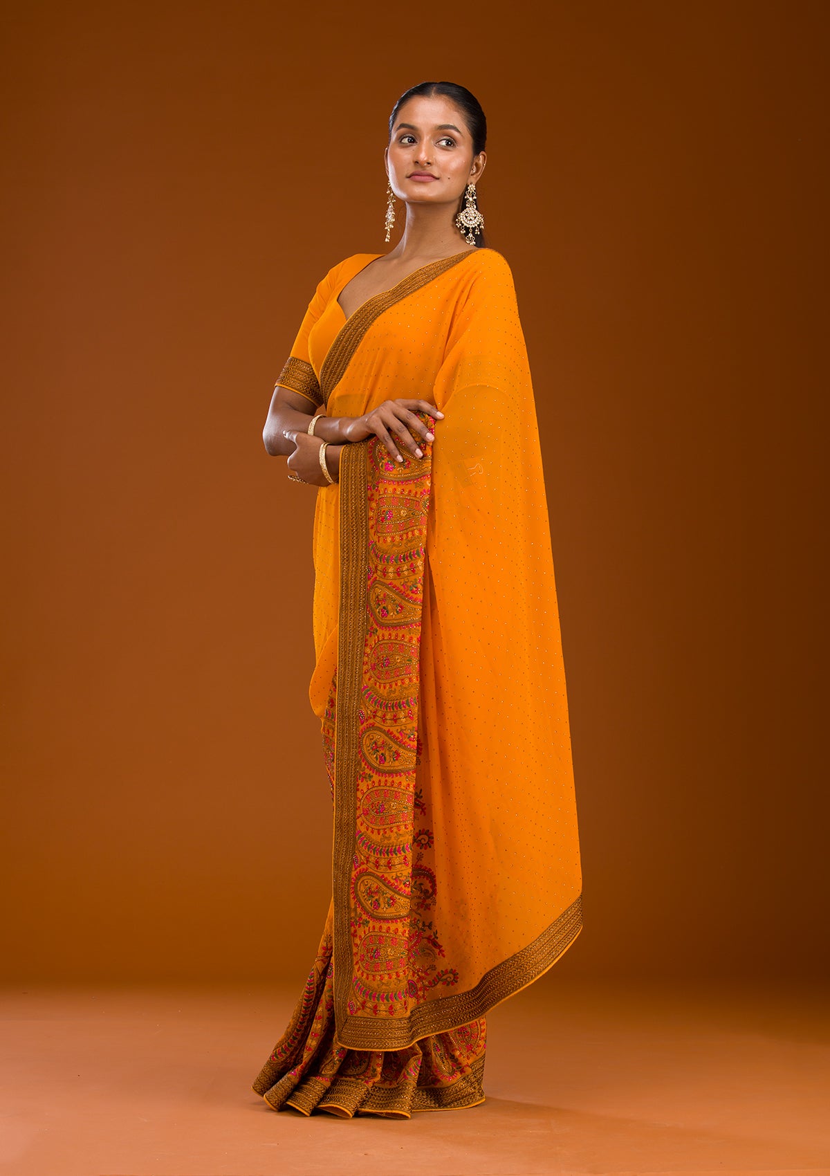 Mustard Threadwork Georgette Saree