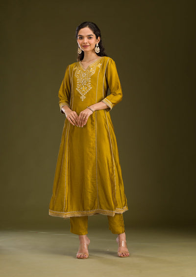 Mustard Threadwork Raw Silk Readymade Salwar Suit-Koskii