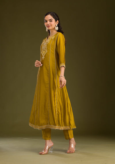 Mustard Threadwork Raw Silk Readymade Salwar Suit-Koskii