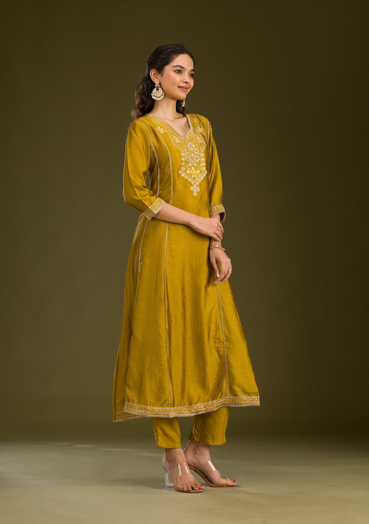 Mustard Threadwork Raw Silk Readymade Salwar Suit