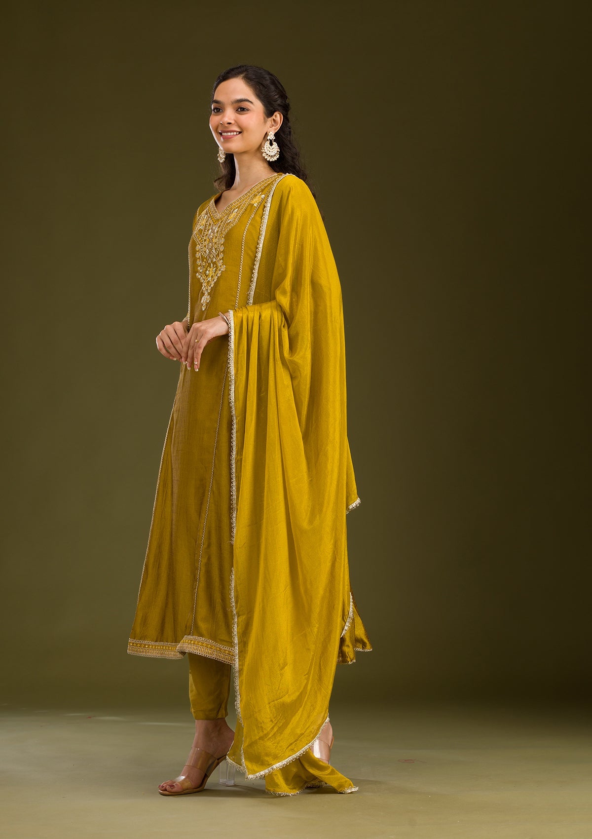 Mustard Threadwork Raw Silk Readymade Salwar Suit