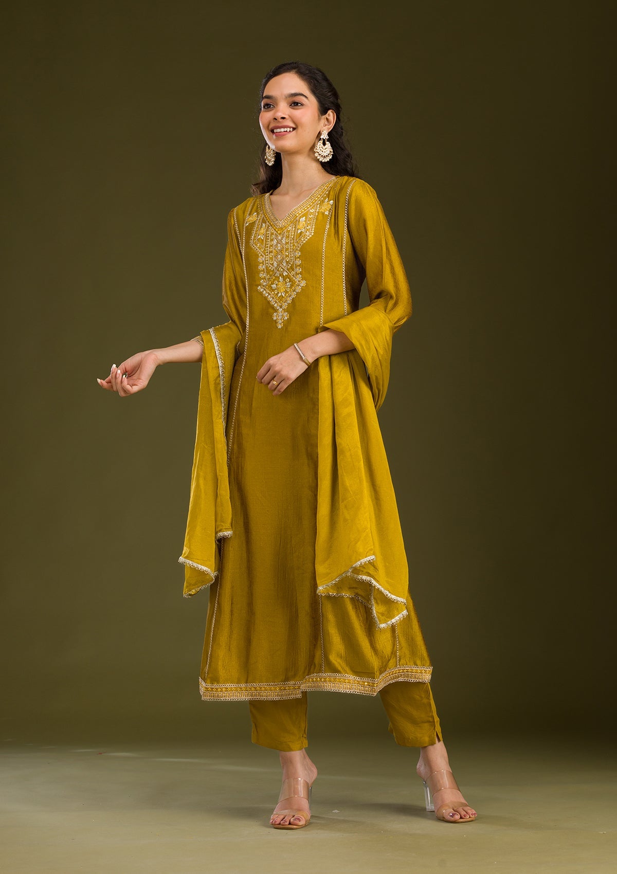 Mustard Threadwork Raw Silk Readymade Salwar Suit-Koskii