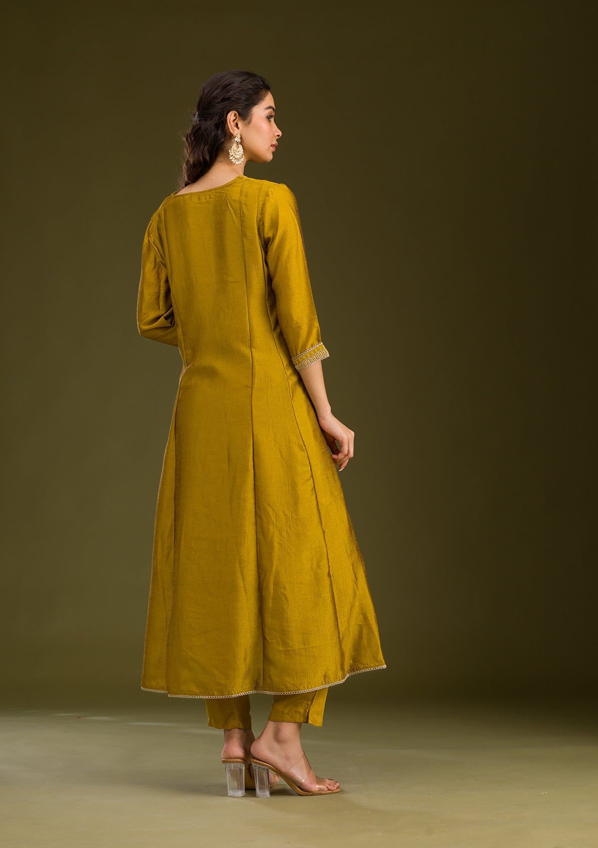 Mustard Threadwork Raw Silk Readymade Salwar Suit-Koskii