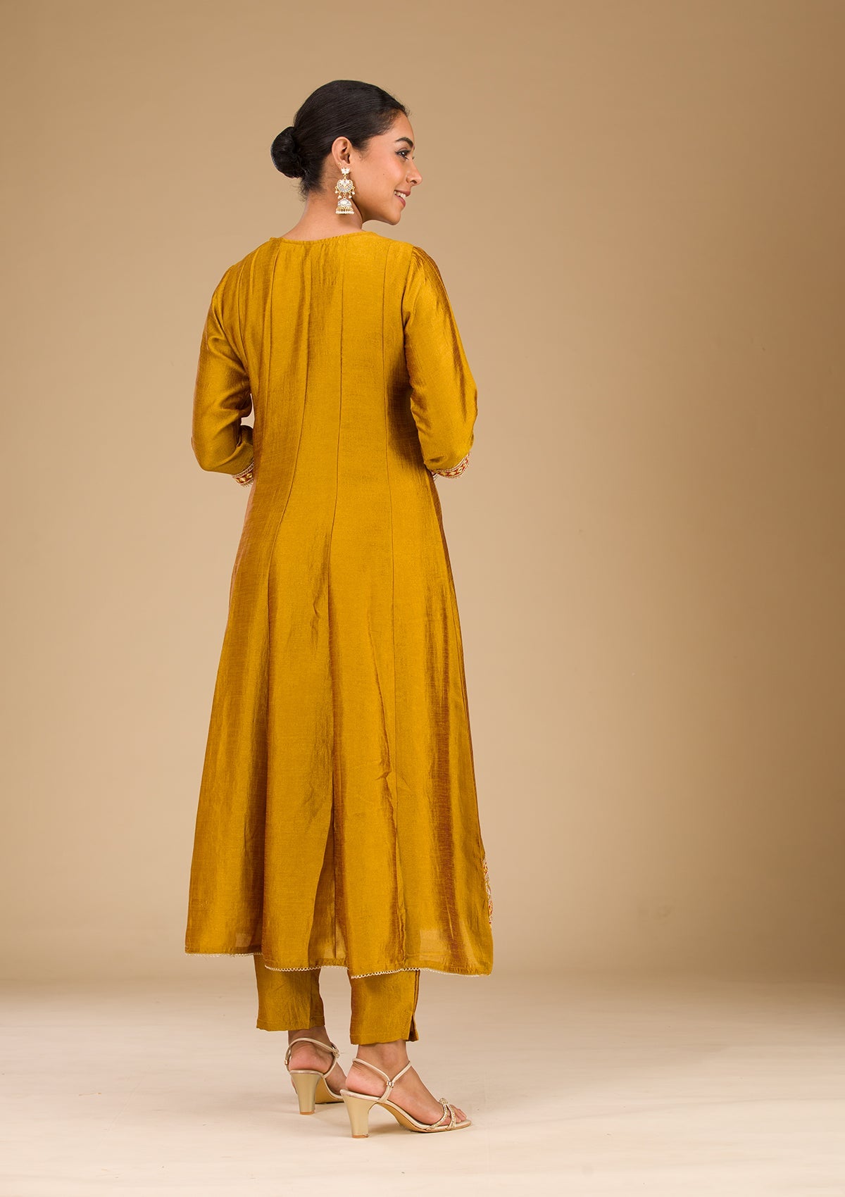 Mustard Threadwork Raw Silk Readymade Salwar Suit-Koskii