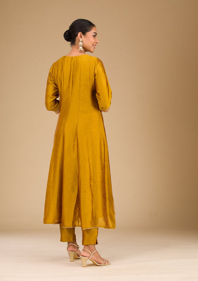 Mustard Threadwork Raw Silk Readymade Salwar Suit-Koskii