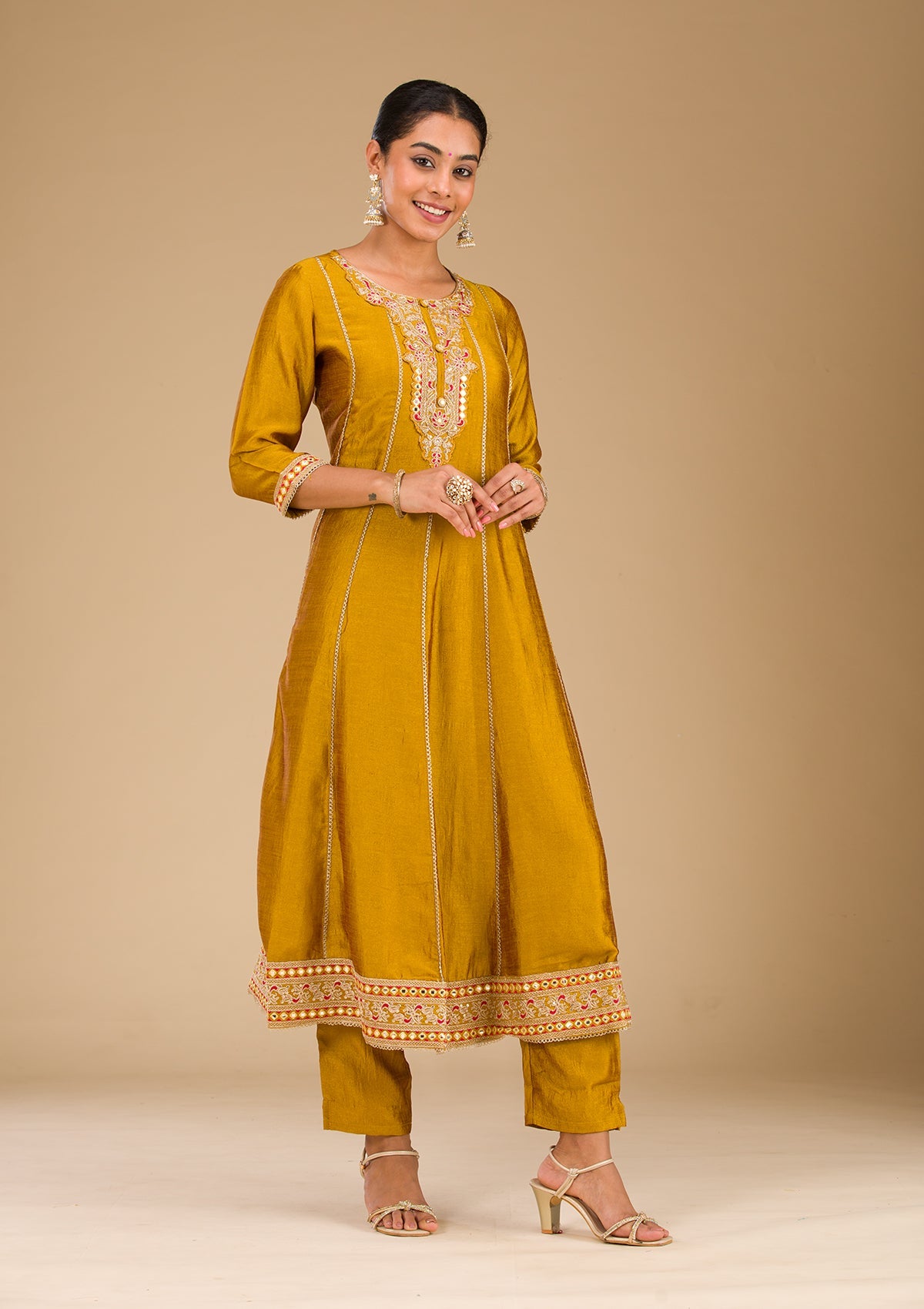 Mustard Threadwork Raw Silk Readymade Salwar Suit-Koskii