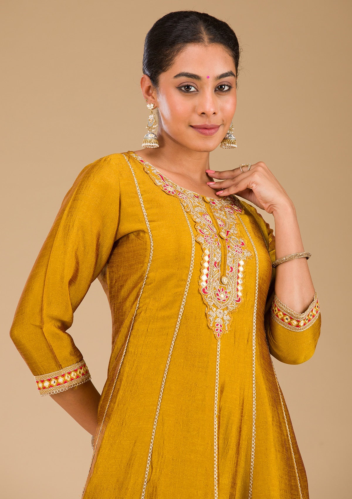 Mustard Threadwork Raw Silk Readymade Salwar Suit-Koskii