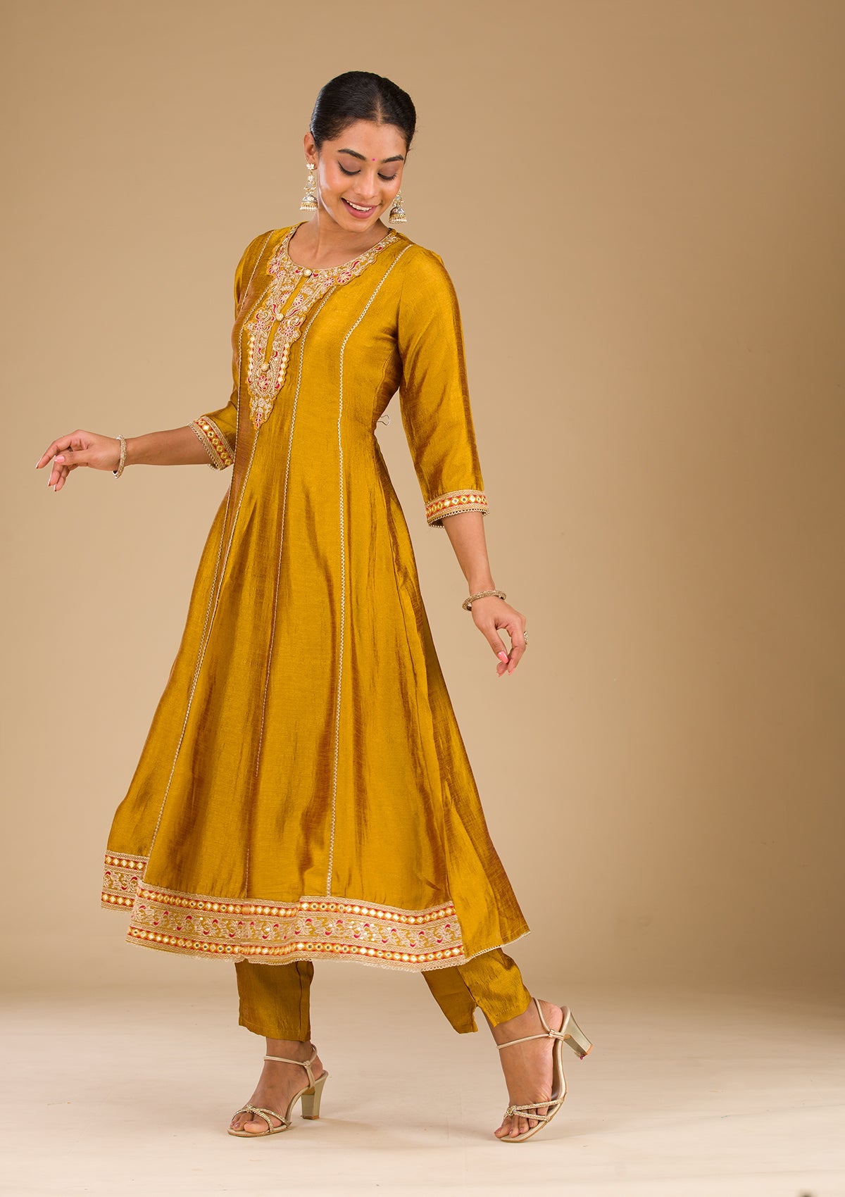 Mustard Threadwork Raw Silk Readymade Salwar Suit-Koskii