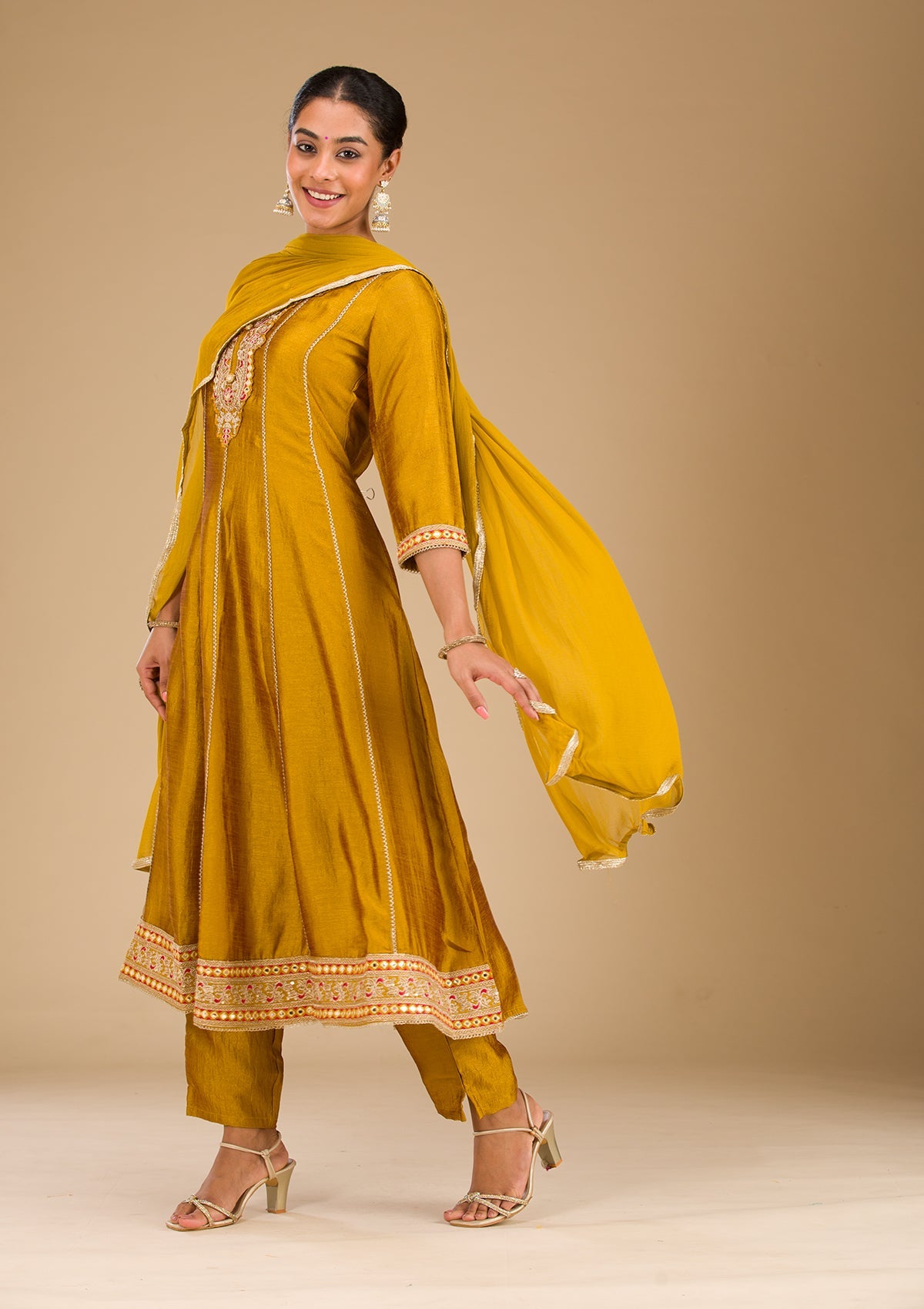 Mustard Threadwork Raw Silk Readymade Salwar Suit-Koskii