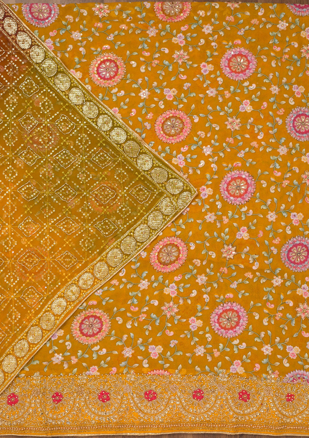 Mustard Threadwork Semi Crepe Unstitched Salwar Suit-Koskii