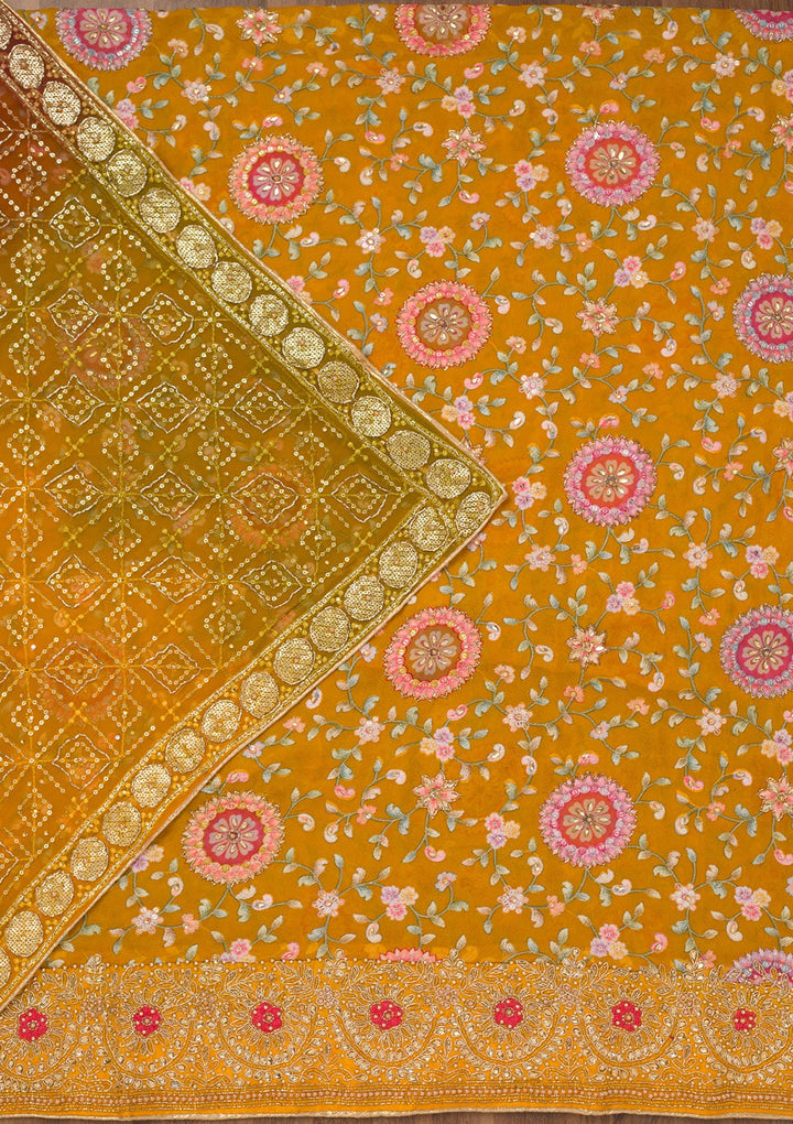 Mustard Threadwork Semi Crepe Unstitched Salwar Suit-Koskii