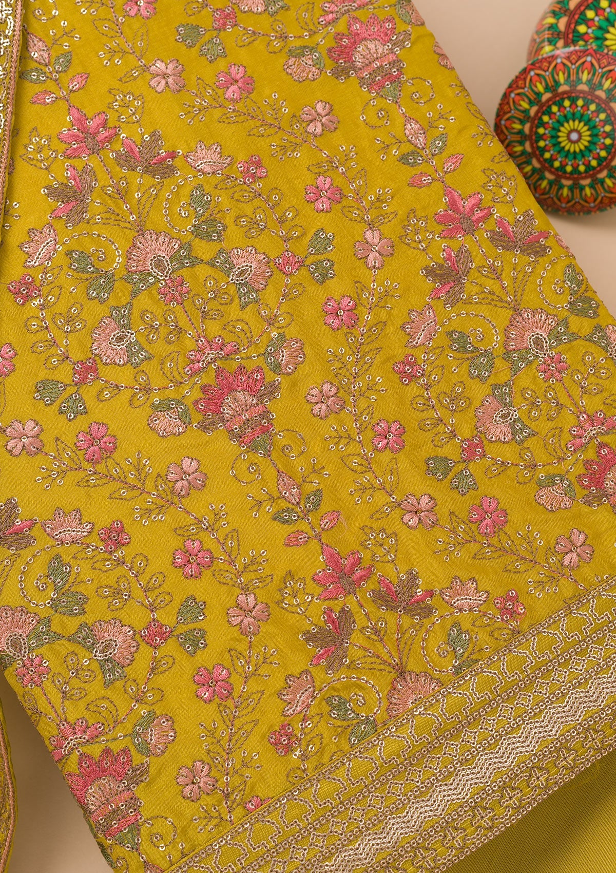 Mustard Threadwork Semi Crepe Unstitched Salwar Suit-Koskii