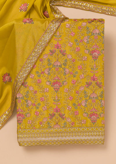 Mustard Threadwork Semi Crepe Unstitched Salwar Suit-Koskii