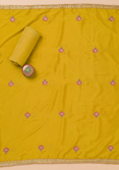 Mustard Threadwork Semi Crepe Unstitched Salwar Suit-Koskii