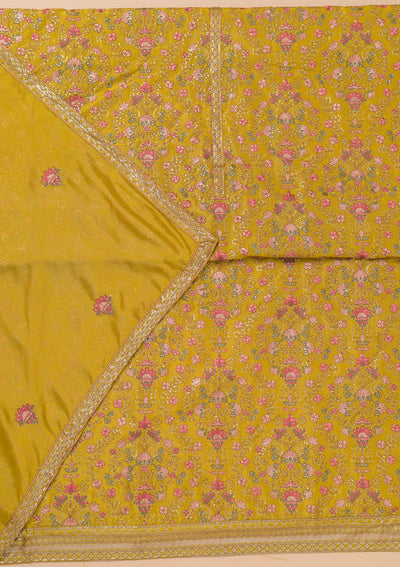 Mustard Threadwork Semi Crepe Unstitched Salwar Suit-Koskii