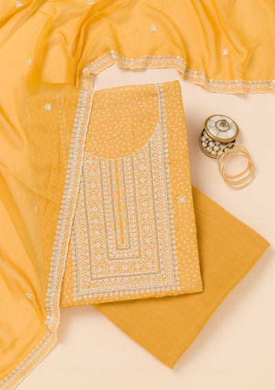 Mustard Threadwork Semi Crepe Unstitched Salwar Suit-Koskii