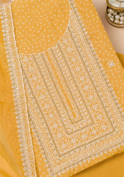 Mustard Threadwork Semi Crepe Unstitched Salwar Suit-Koskii