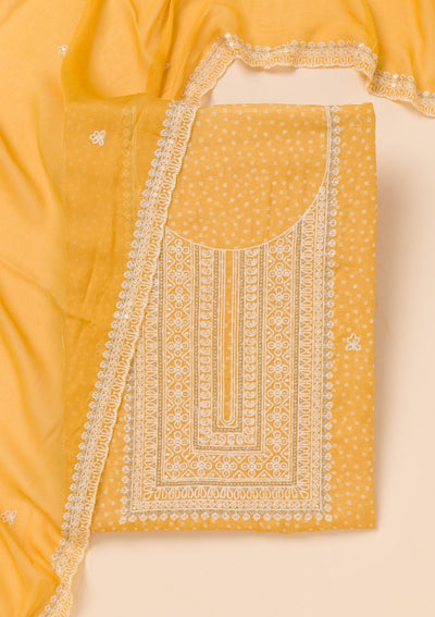 Mustard Threadwork Semi Crepe Unstitched Salwar Suit-Koskii