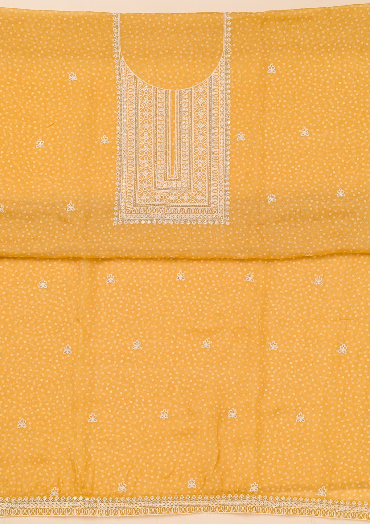 Mustard Threadwork Semi Crepe Unstitched Salwar Suit-Koskii