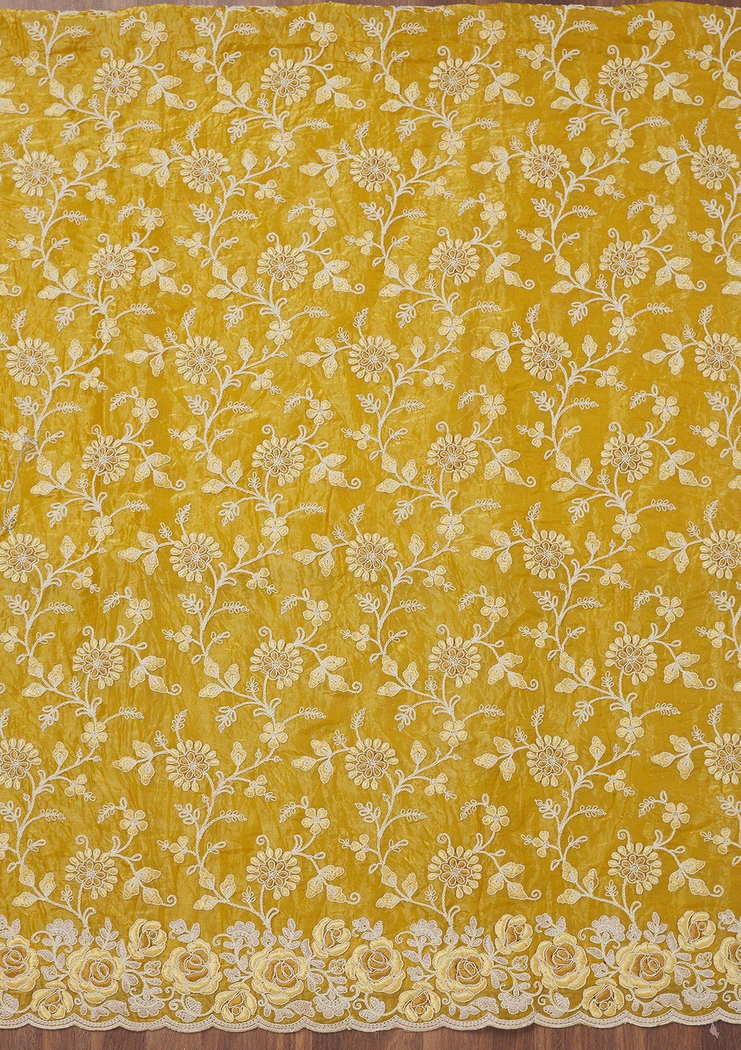 Mustard Threadwork Semi Crepe Unstitched Salwar Suit-Koskii