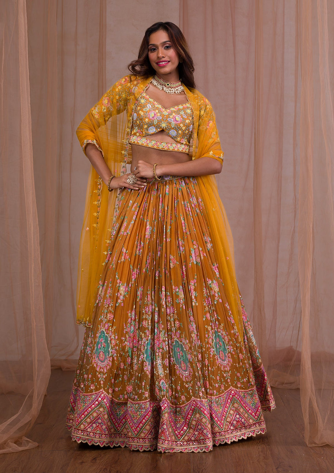 Mustard Threadwork Tissue Readymade Lehenga-Koskii