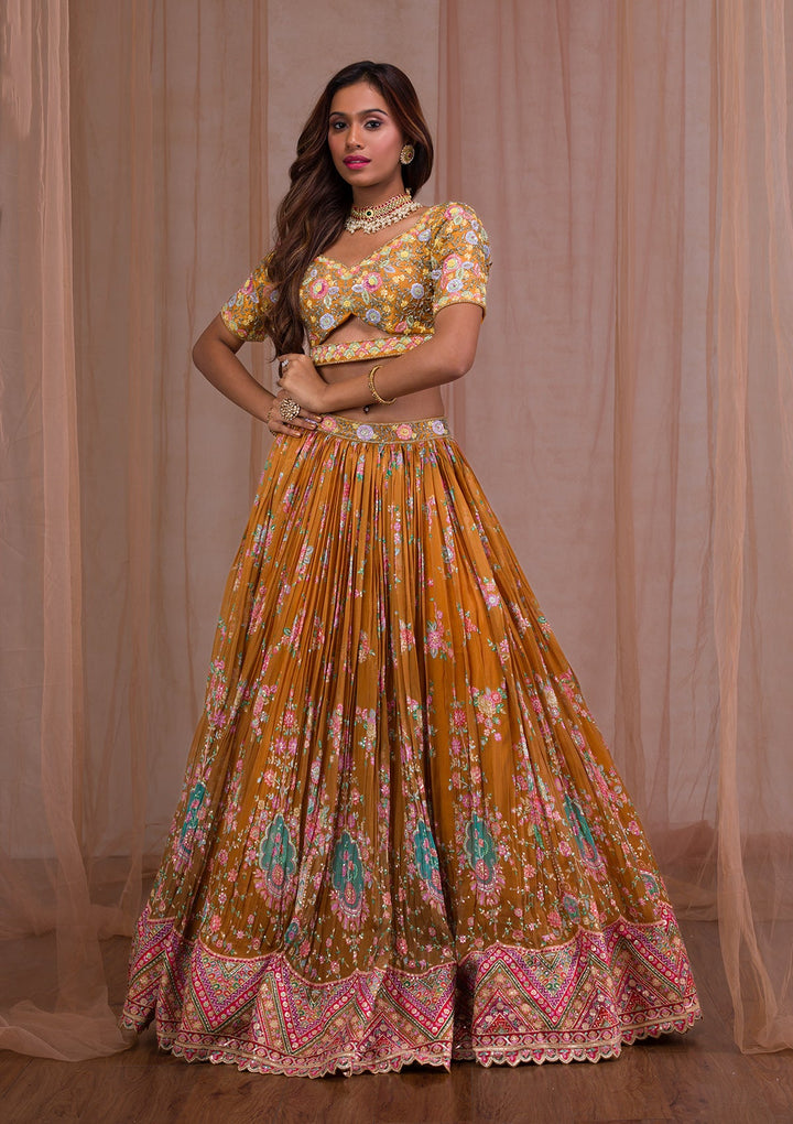 Mustard Threadwork Tissue Readymade Lehenga-Koskii