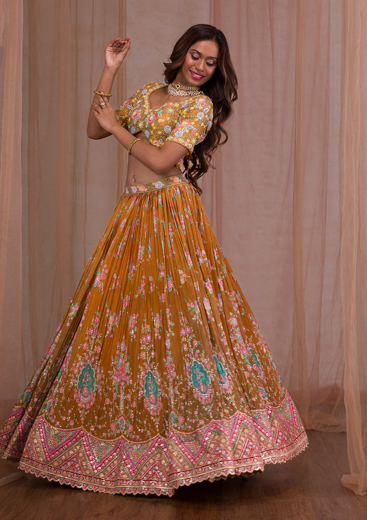 Mustard Threadwork Tissue Readymade Lehenga-Koskii