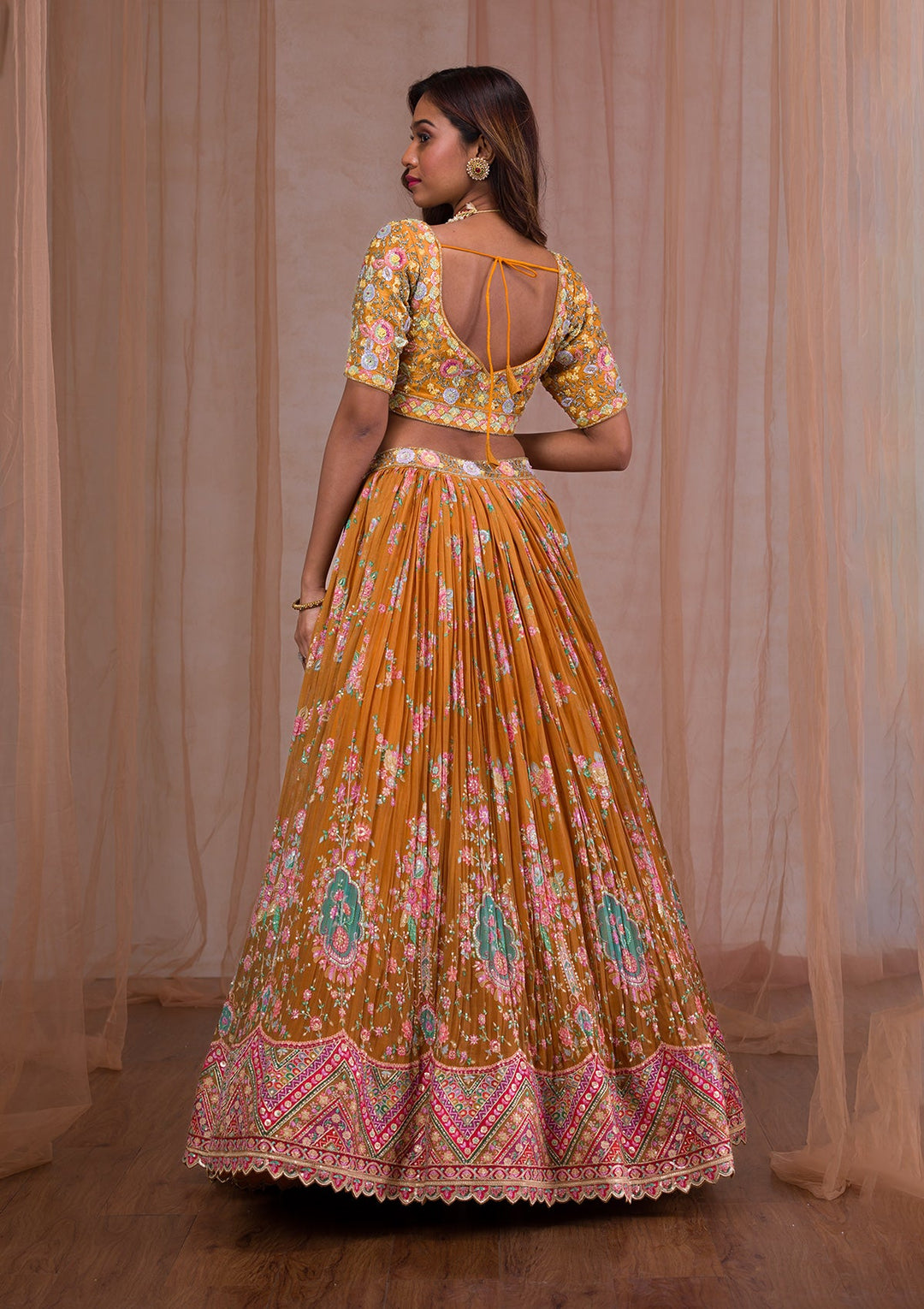 Mustard Threadwork Tissue Readymade Lehenga-Koskii