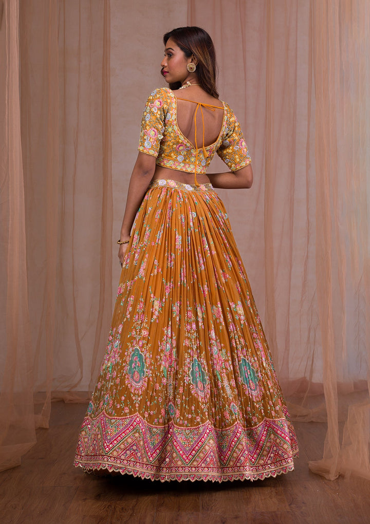 Mustard Threadwork Tissue Readymade Lehenga-Koskii