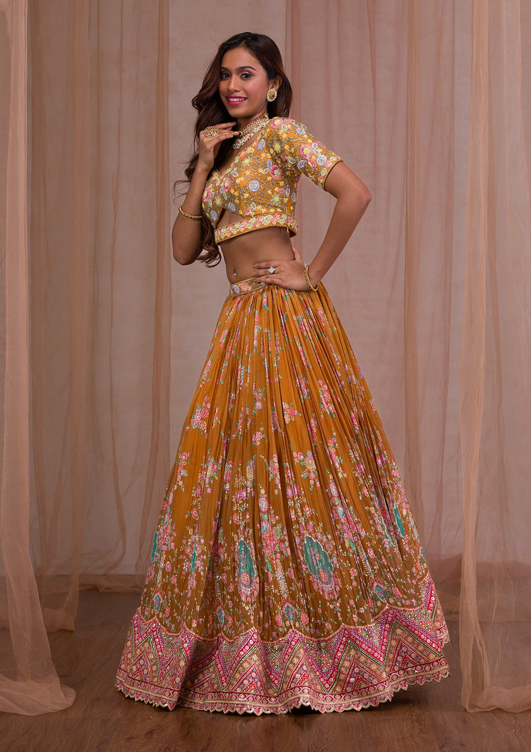 Mustard Threadwork Tissue Readymade Lehenga-Koskii