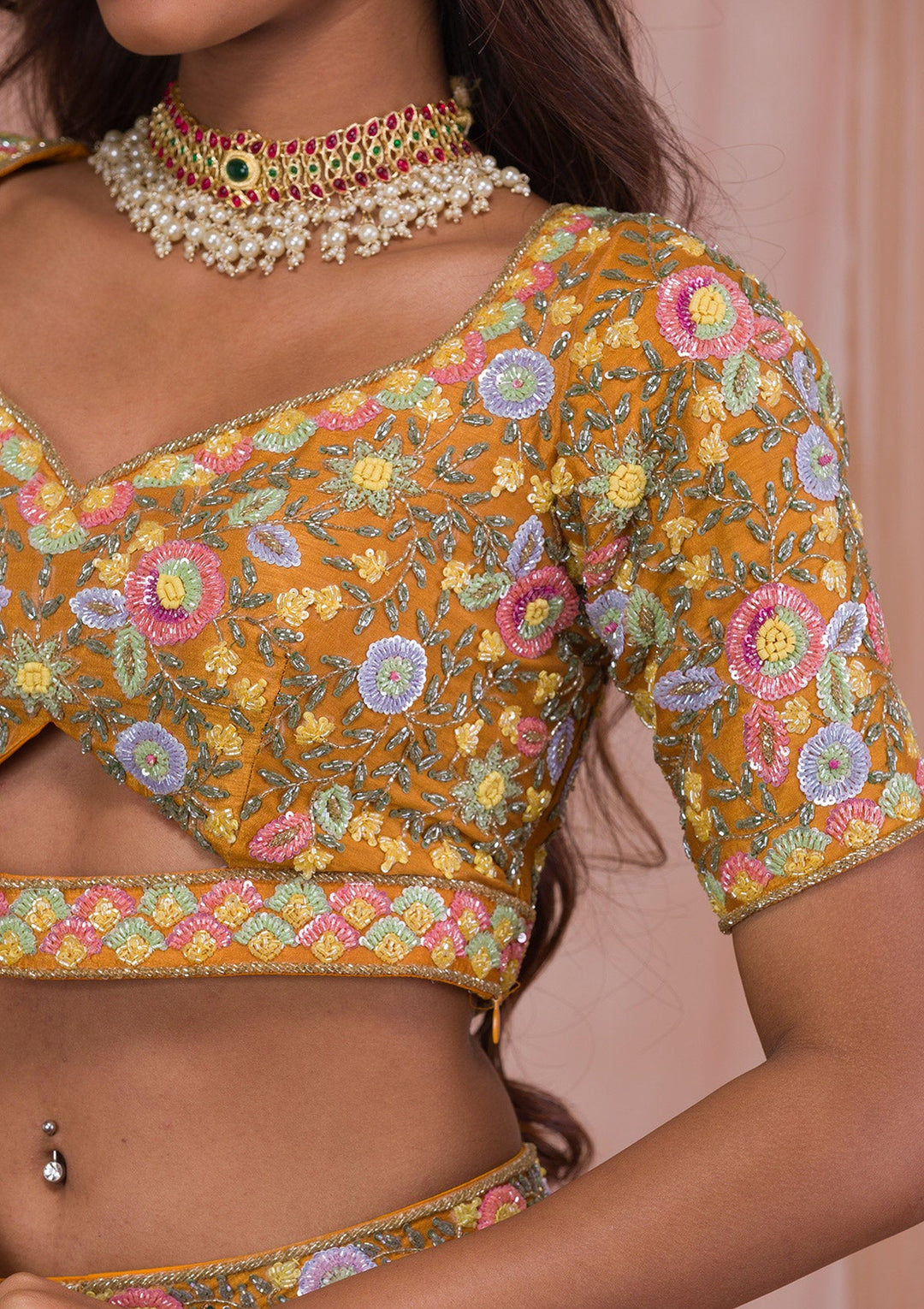 Mustard Threadwork Tissue Readymade Lehenga-Koskii