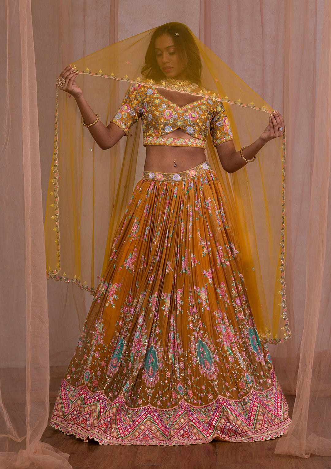 Mustard Threadwork Tissue Readymade Lehenga-Koskii