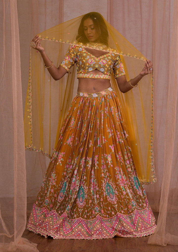 Mustard Threadwork Tissue Readymade Lehenga-Koskii