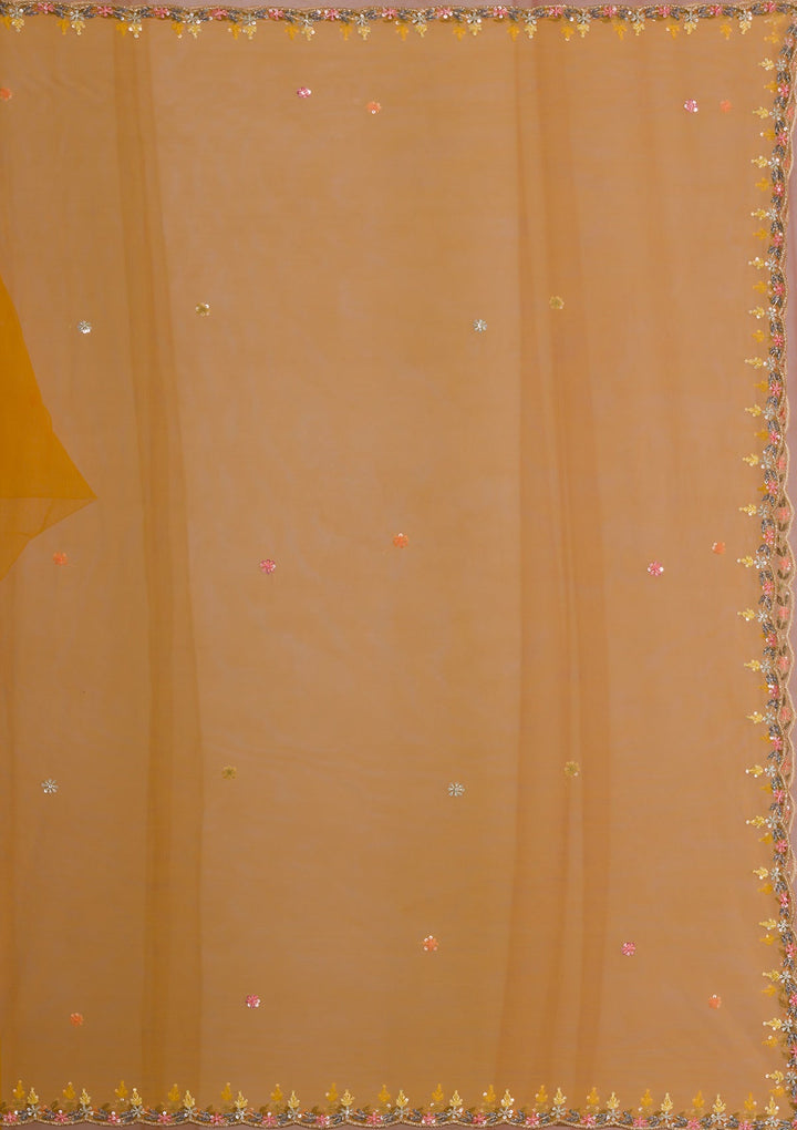 Mustard Threadwork Tissue Readymade Lehenga-Koskii