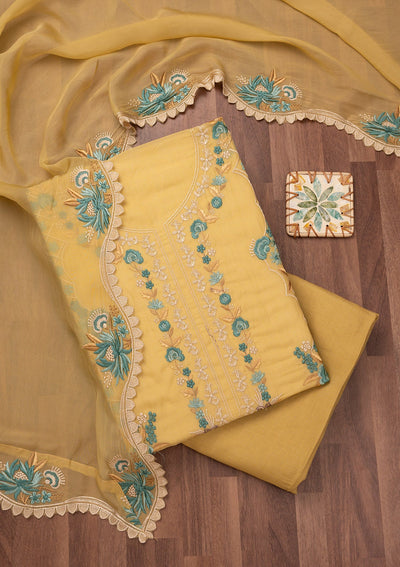 Mustard Threadwork Tissue Unstitched Salwar Suit-Koskii