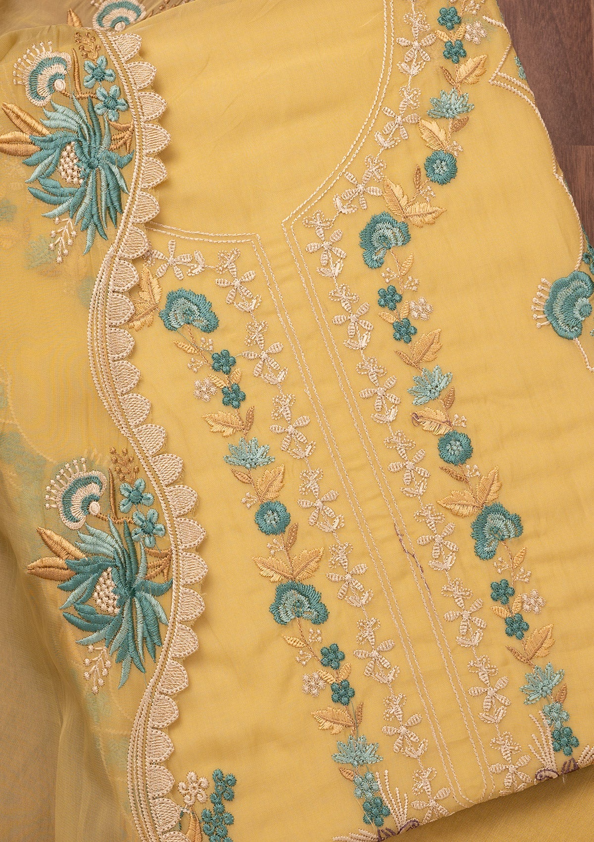 Mustard Threadwork Tissue Unstitched Salwar Suit-Koskii