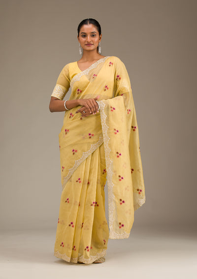 Mustard Threadwork Tissue Saree