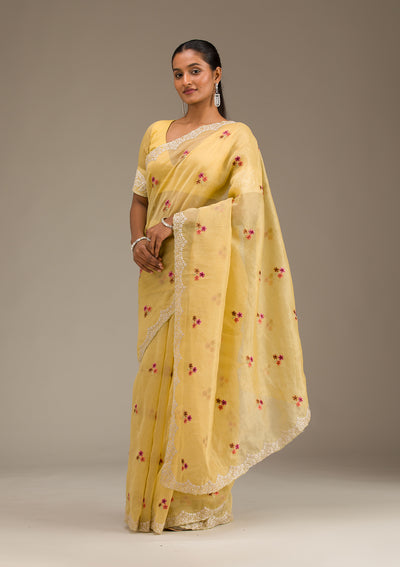 Mustard Threadwork Tissue Saree