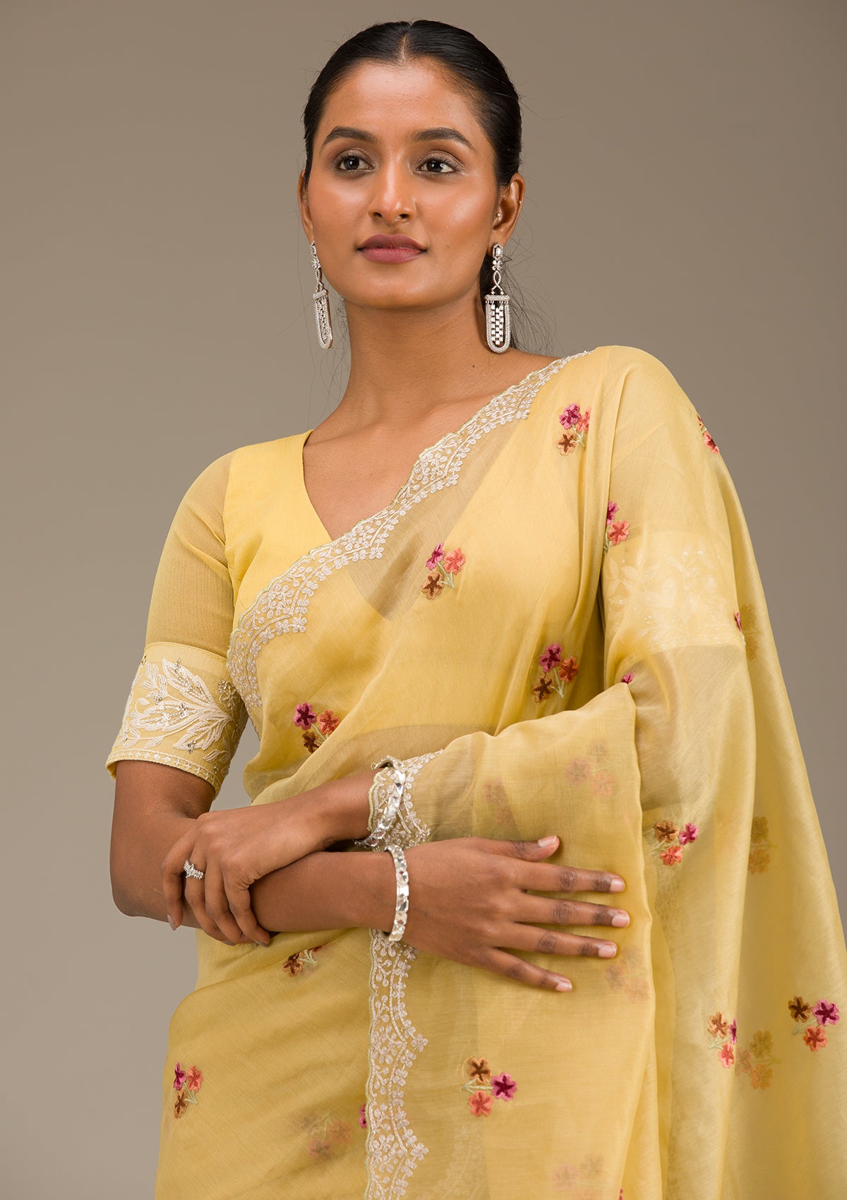 Mustard Threadwork Tissue Saree