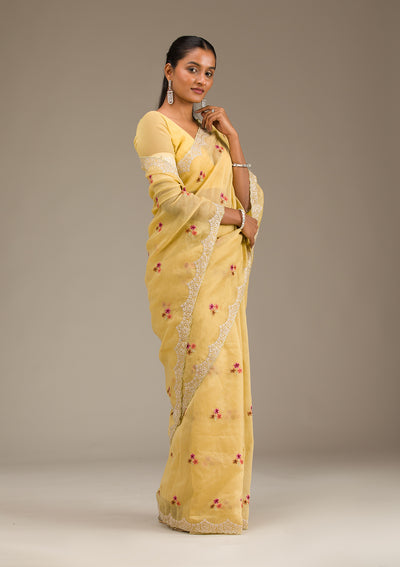 Mustard Threadwork Tissue Saree