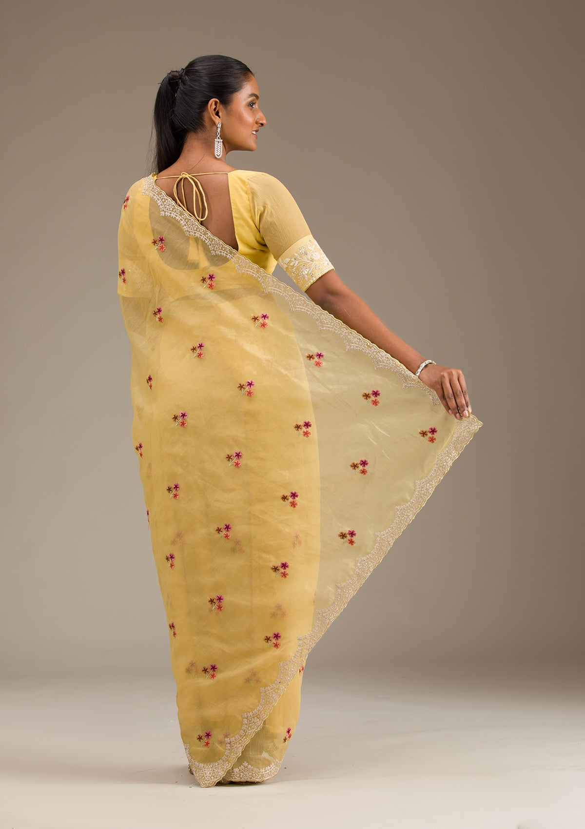 Mustard Threadwork Tissue Saree