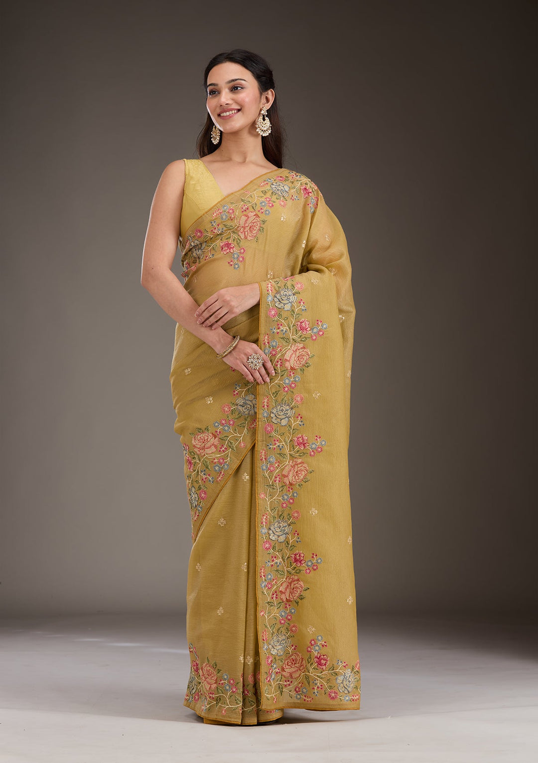 Mustard Threadwork Tissue Saree-Koskii
