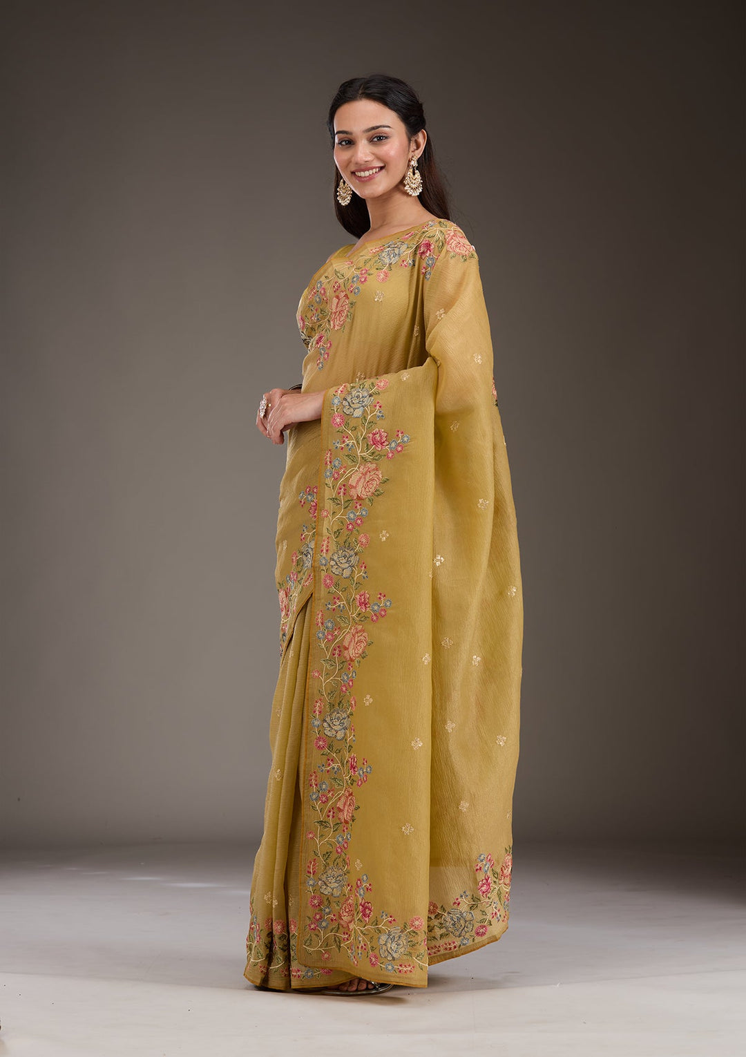 Mustard Threadwork Tissue Saree-Koskii
