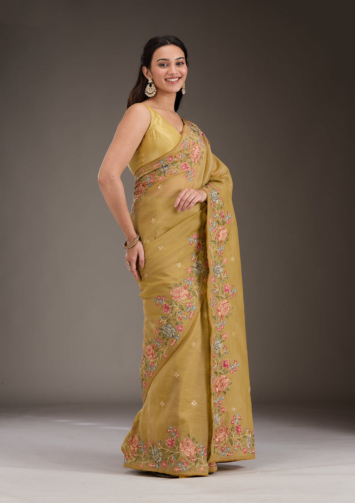 Mustard Threadwork Tissue Saree-Koskii