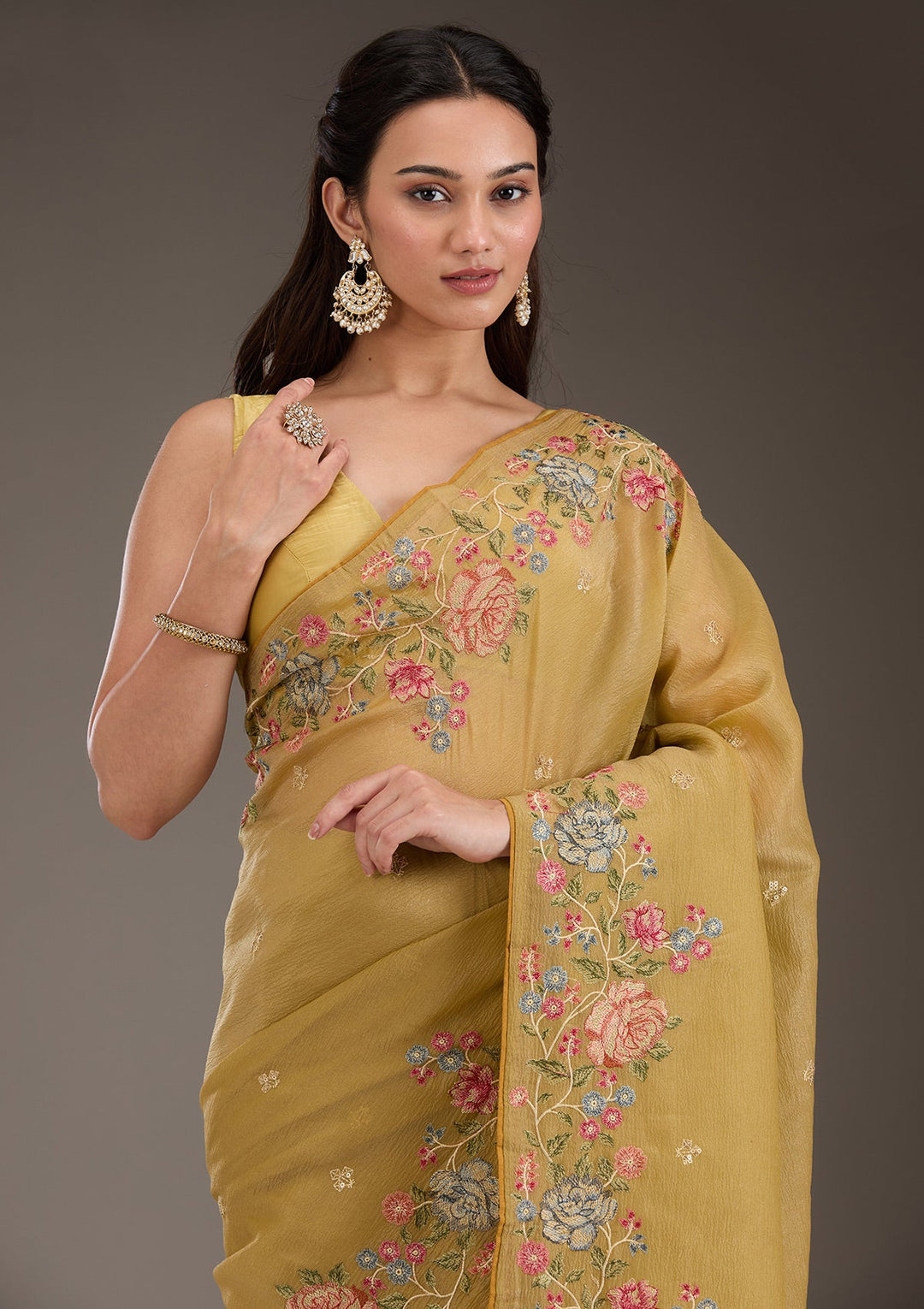 Mustard Threadwork Tissue Saree-Koskii