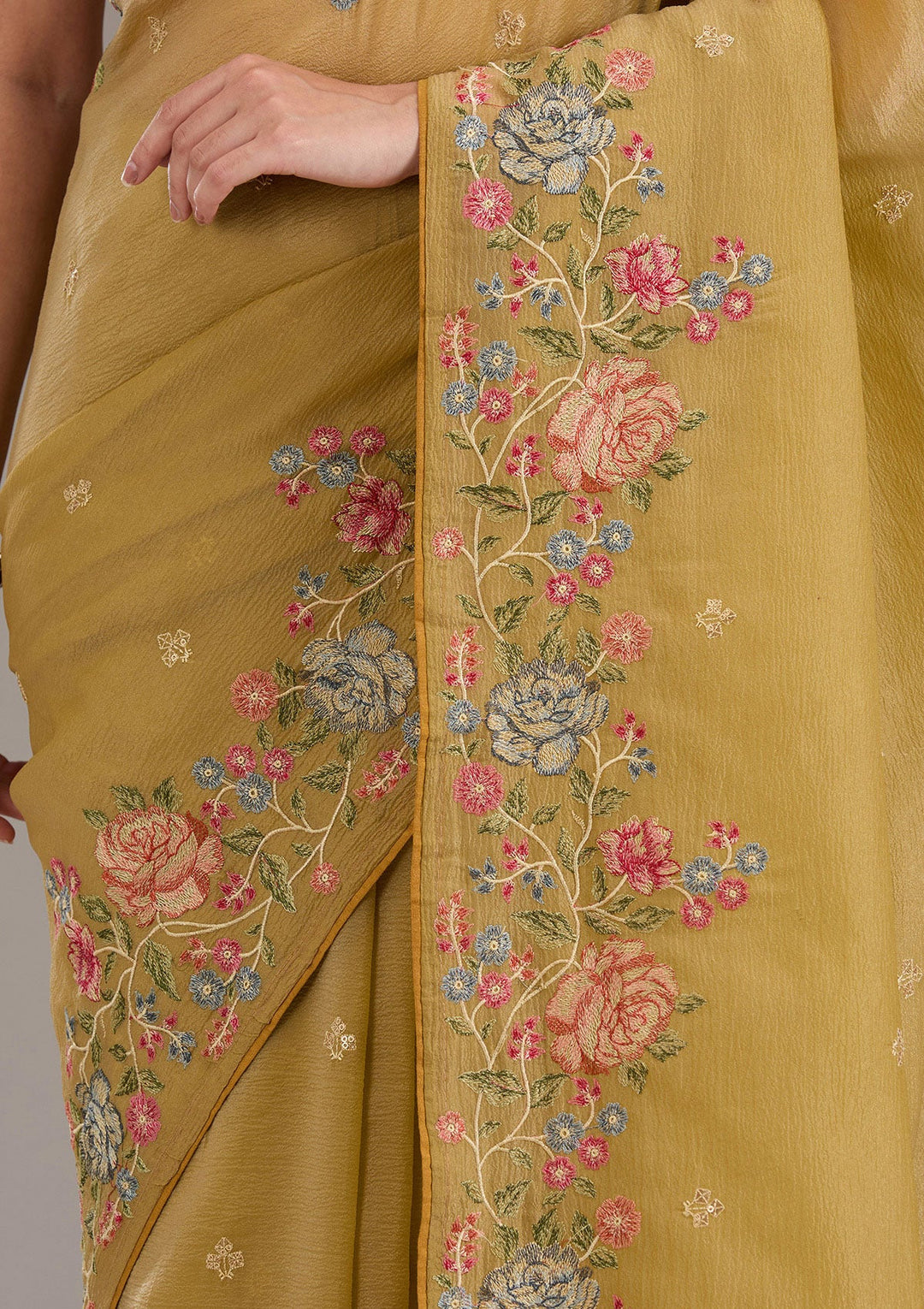 Mustard Threadwork Tissue Saree-Koskii